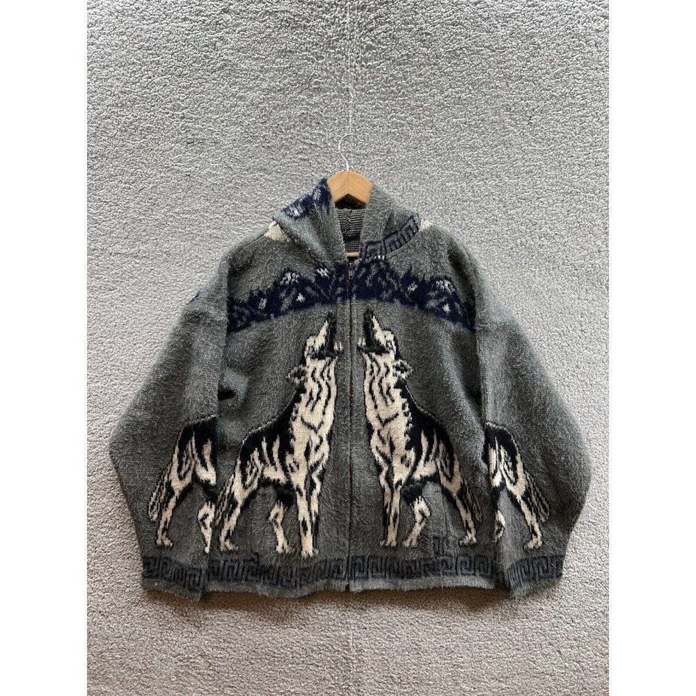Artesanias Tuntaquimba Wolf Coyote Howling Wool Sweater Jacket Mens Size